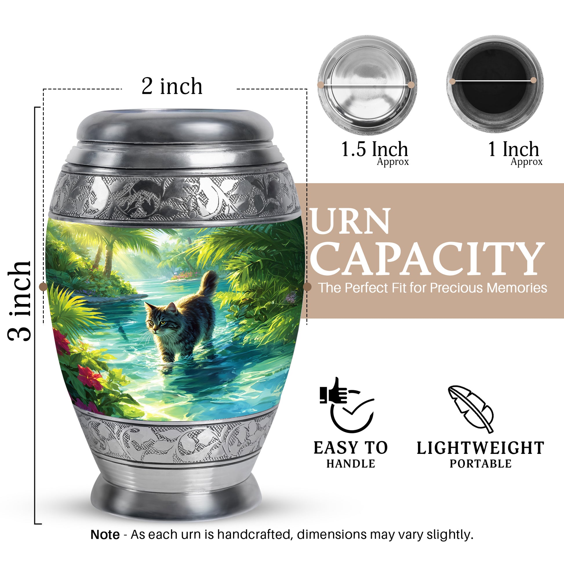 Olive Green Cat Cremation Urn lifestyle display on memorial shelf - royal cat engraving with decorative scrollwork - mini keepsake memorial for portion of cremation ashes