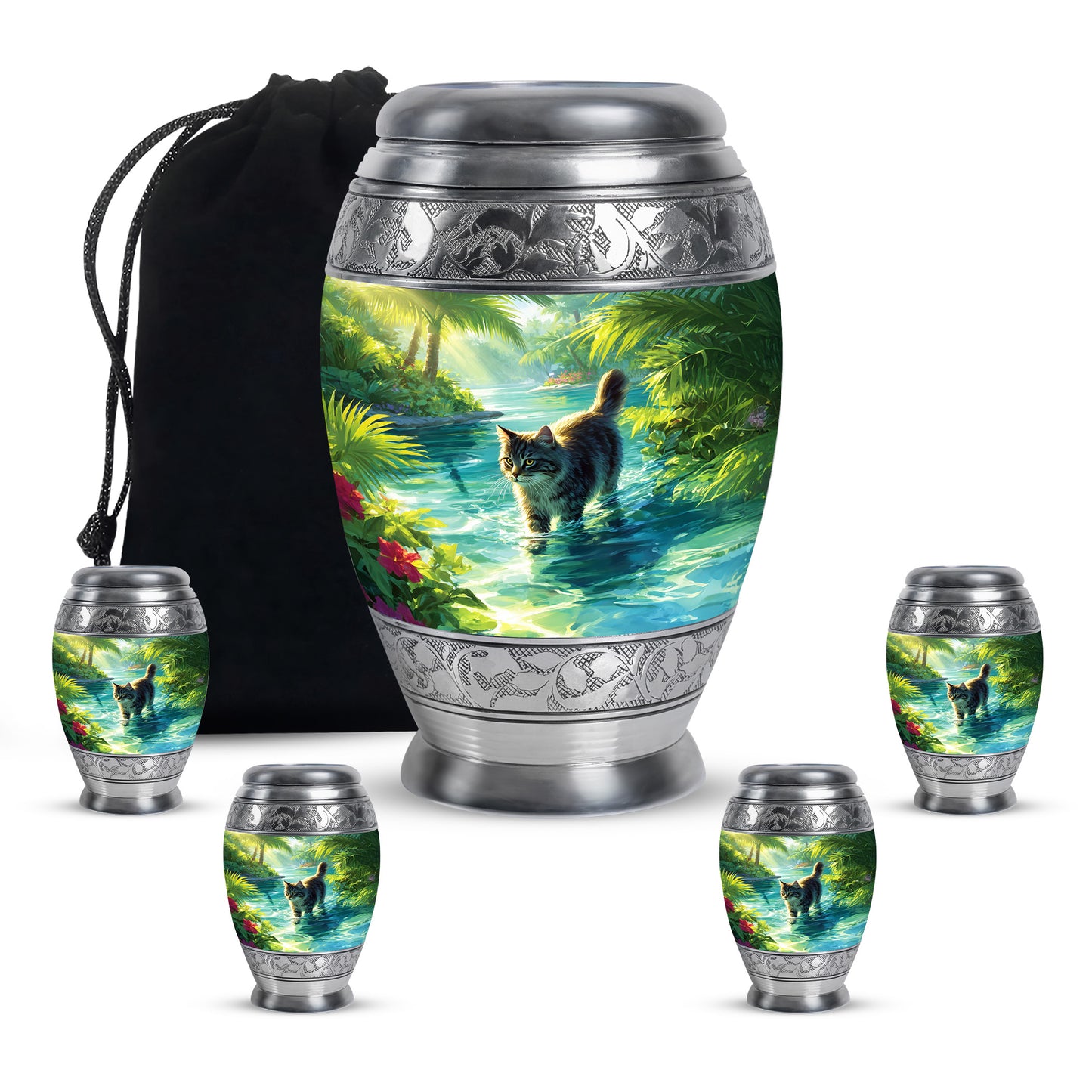 Mint Green Cat Cremation Urn detail view - majestic cat pattern with filigree border - memorial set with one large and four small urns