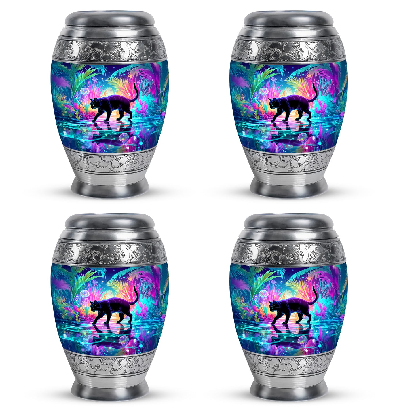 Powder Blue Cat Cremation Urn urn with complimentary velvet bag - ornate monarch-style cat relief on brushed aluminum - 10 inch aluminum urn for cremated remains
