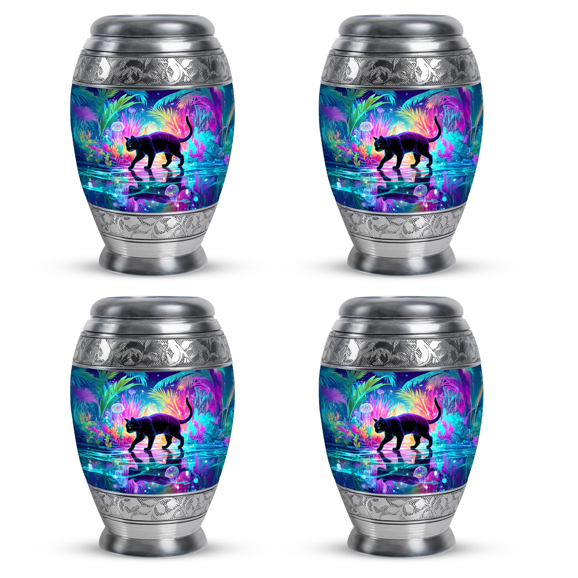 Powder Blue Cat Cremation Urn urn with complimentary velvet bag - ornate monarch-style cat relief on brushed aluminum - 10 inch aluminum urn for cremated remains