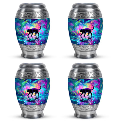 Powder Blue Cat Cremation Urn urn with complimentary velvet bag - ornate monarch-style cat relief on brushed aluminum - 10 inch aluminum urn for cremated remains