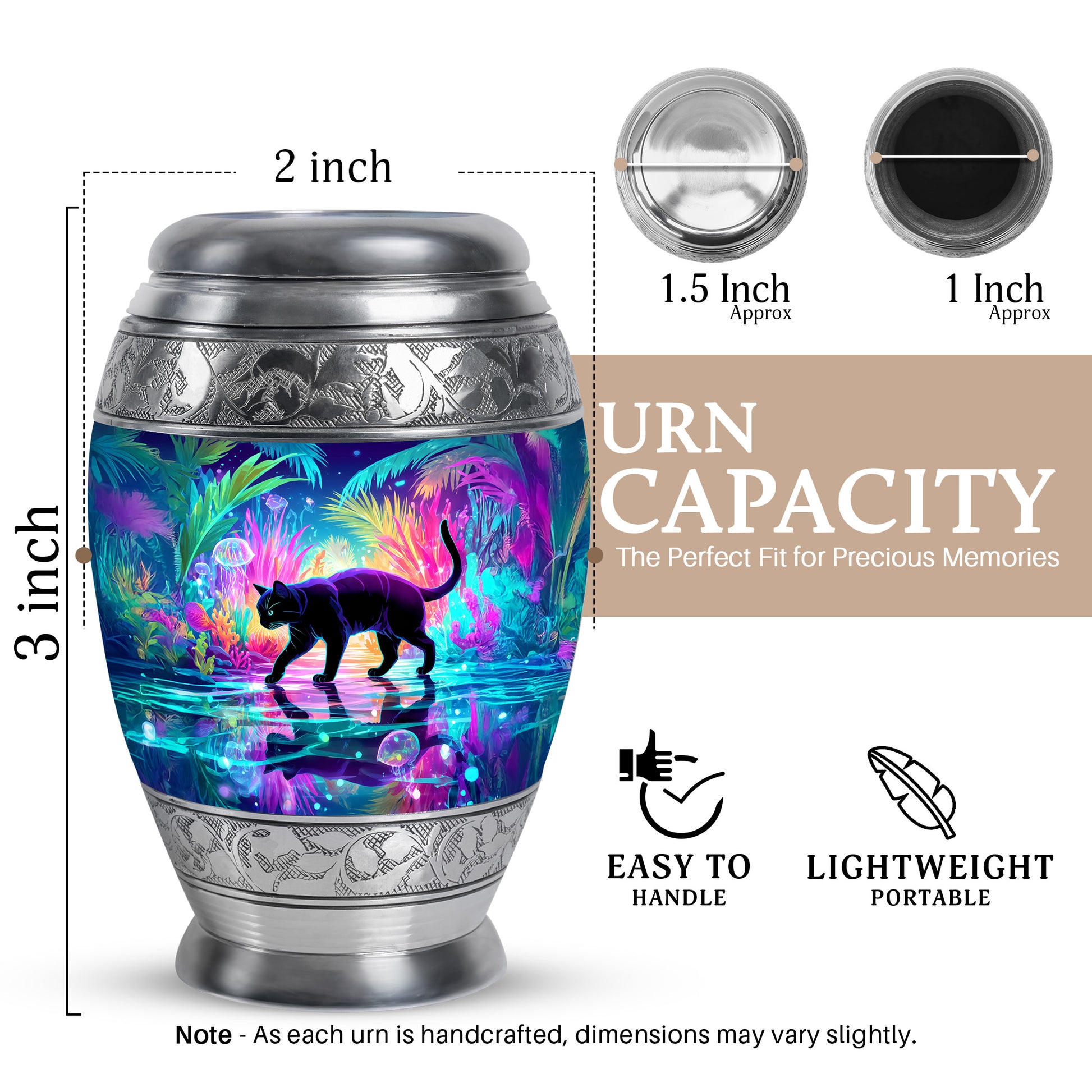 Indigo Cat Cremation Urn lifestyle display on memorial shelf - ornate monarch-style cat relief on brushed aluminum - mini keepsake memorial for portion of cremation ashes