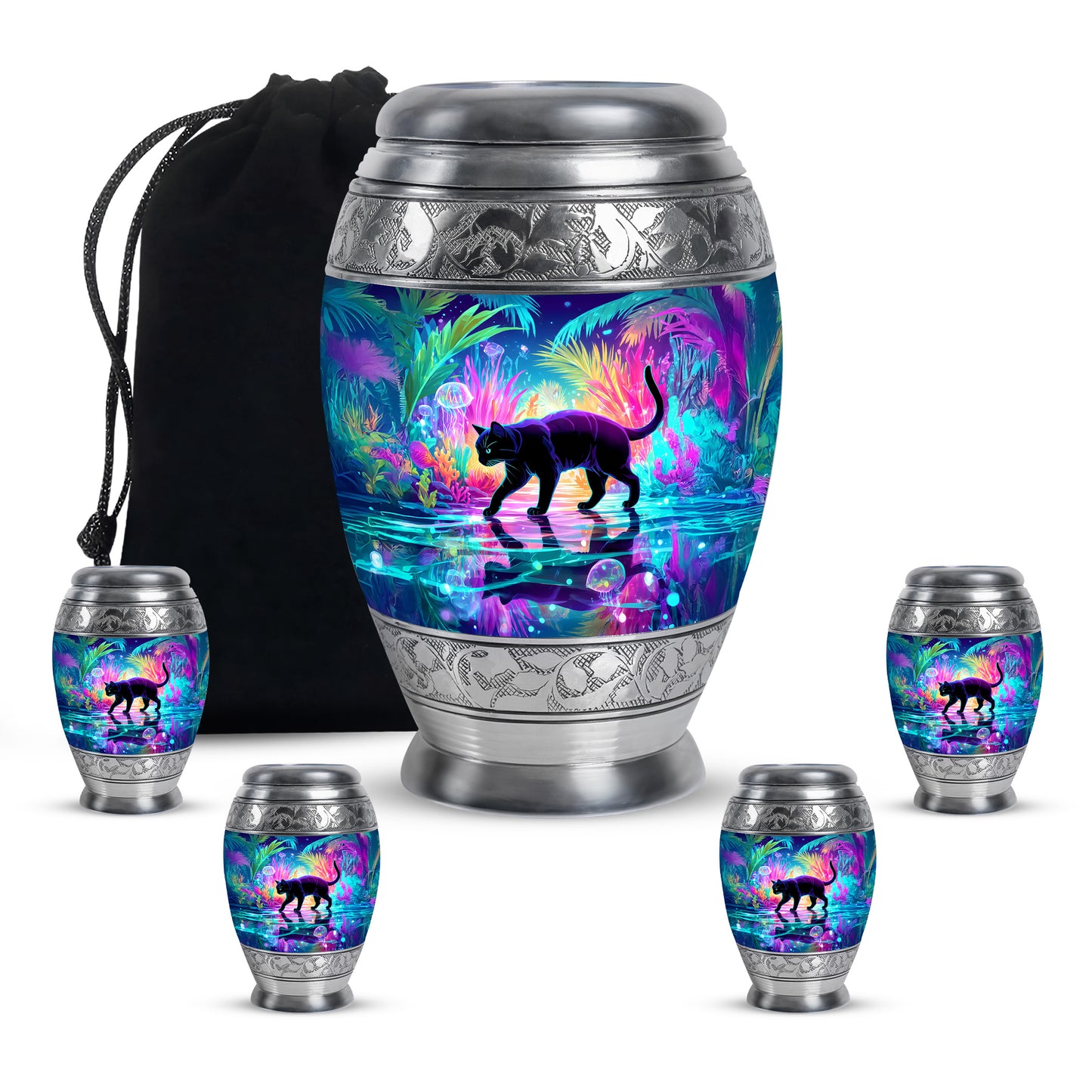Cobalt Blue Cat Cremation Urn detail view - majestic cat pattern with filigree border - memorial set with one large and four small urns