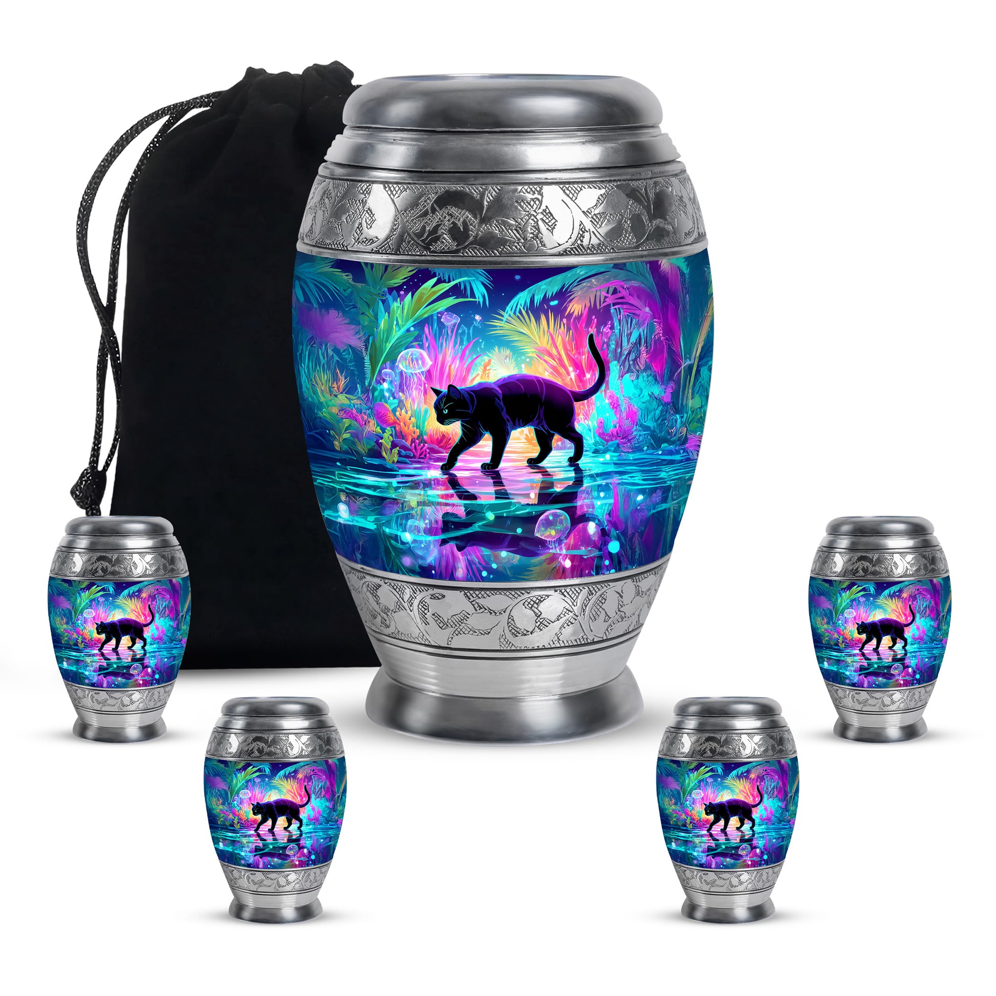 Cobalt Blue Cat Cremation Urn detail view - majestic cat pattern with filigree border - memorial set with one large and four small urns