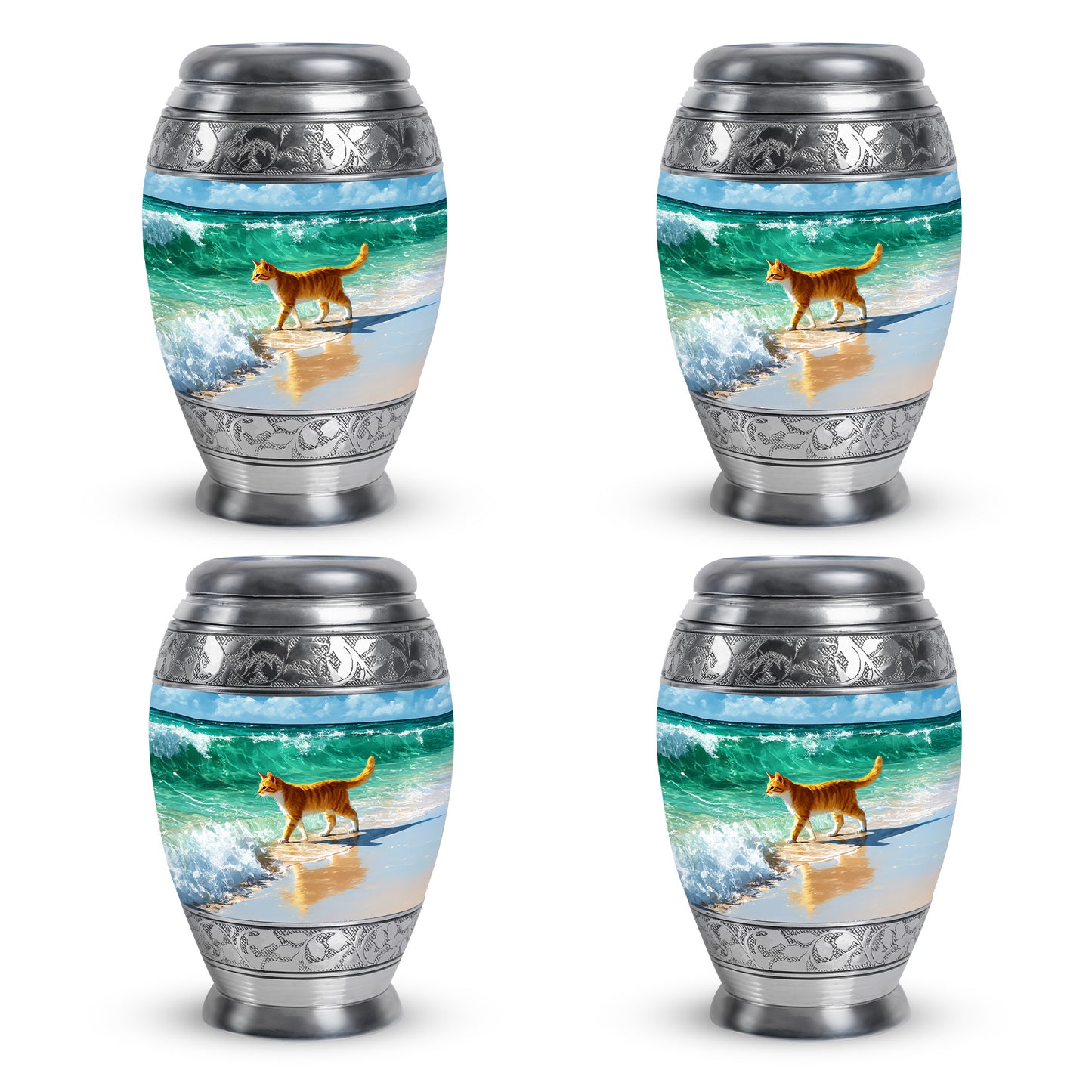 Soft Blue Cat Cremation Urn urn with complimentary velvet bag - majestic cat pattern with filigree border - 10 inch aluminum urn for cremated remains
