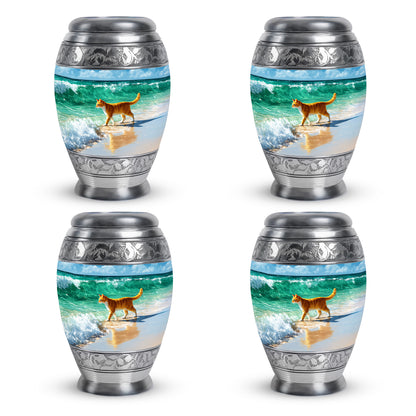 Soft Blue Cat Cremation Urn urn with complimentary velvet bag - majestic cat pattern with filigree border - 10 inch aluminum urn for cremated remains
