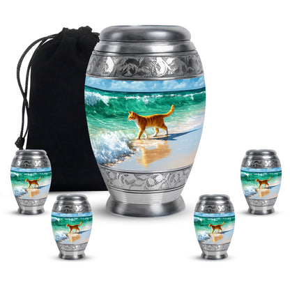 Powder Blue Cat Cremation Urn detail view - regal cat design with crown-inspired accents - memorial set with one large and four small urns