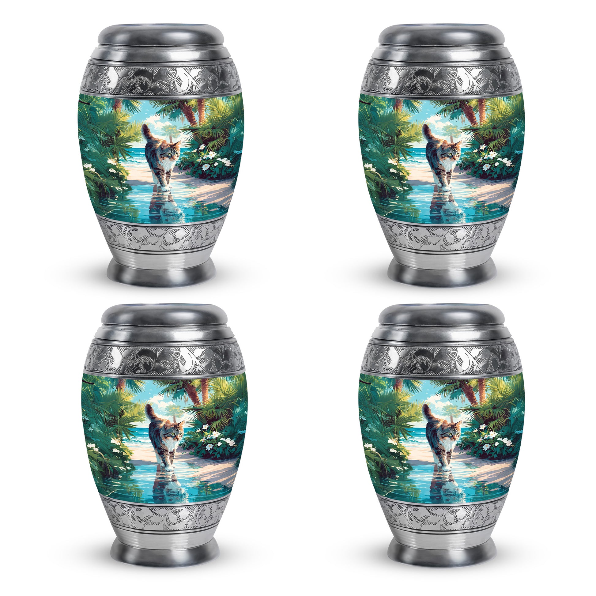 Vivid Teal Cat Cremation Urn urn with complimentary velvet bag - majestic cat pattern with filigree border - 10 inch aluminum urn for cremated remains