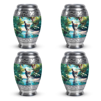 Vivid Teal Cat Cremation Urn urn with complimentary velvet bag - majestic cat pattern with filigree border - 10 inch aluminum urn for cremated remains