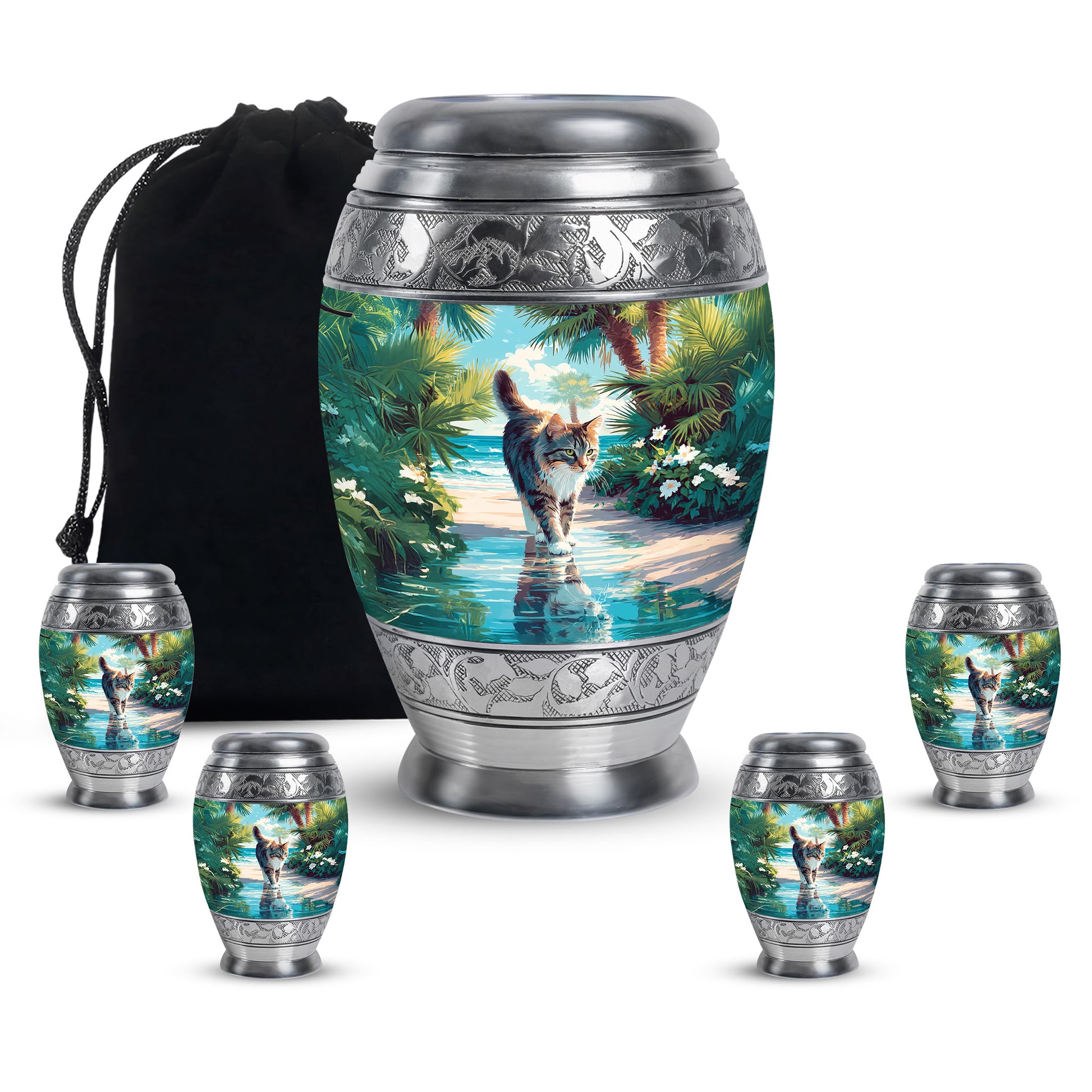 Mystic Teal Cat Cremation Urn detail view - royal cat engraving with decorative scrollwork - memorial set with one large and four small urns