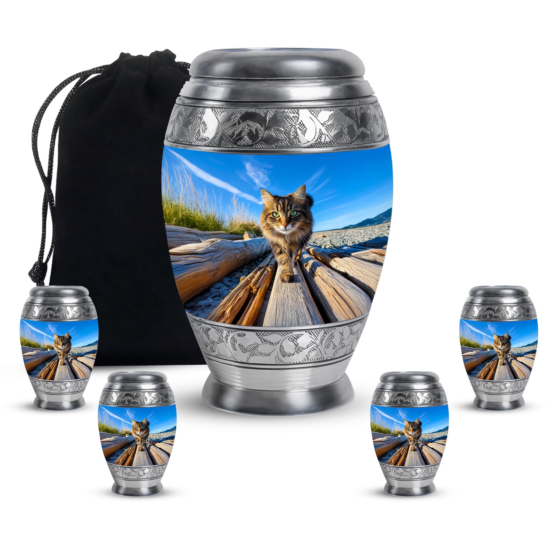 Pastel Blue Cat Cremation Urn detail view - ornate monarch-style cat relief on brushed aluminum - memorial set with one large and four small urns