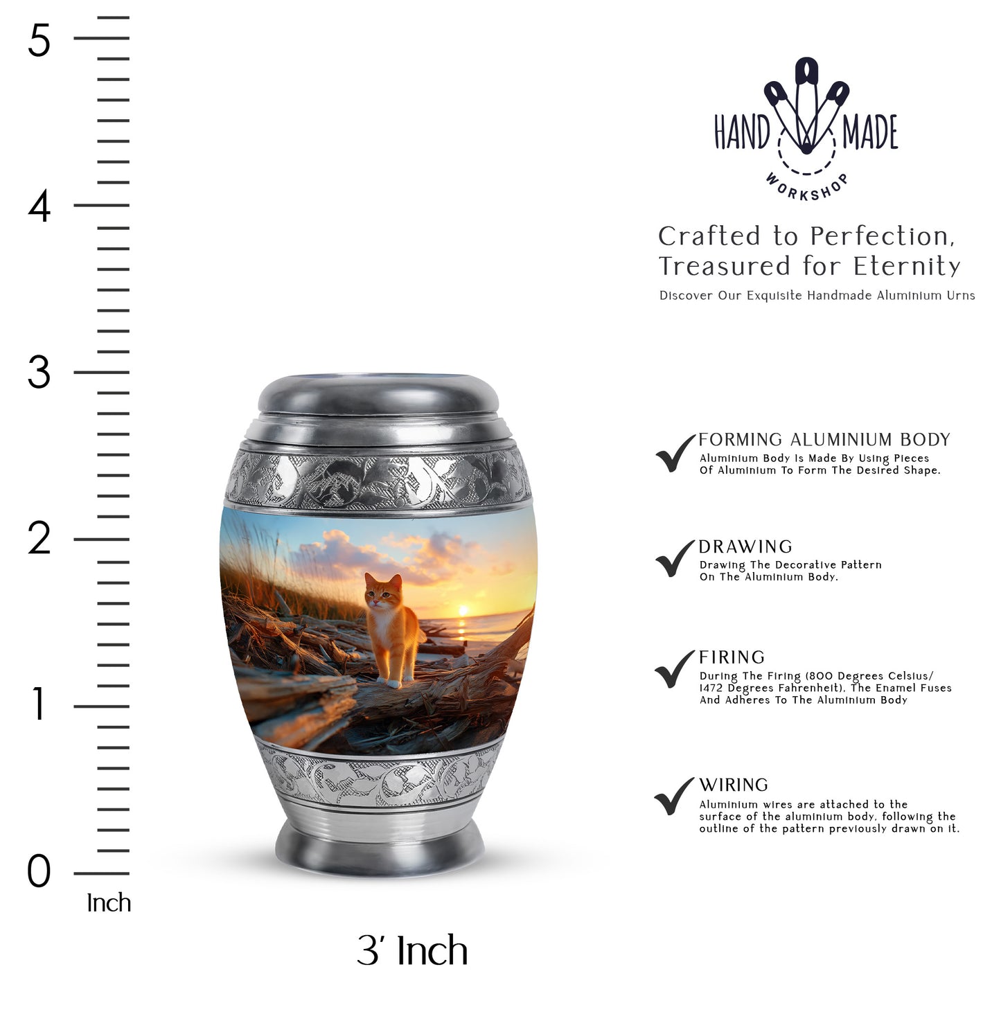 Vivid Blue Cat Cremation Urn lifestyle display on memorial shelf - majestic cat pattern with filigree border - mini keepsake memorial for portion of cremation ashes