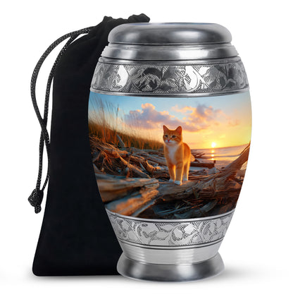 Celestial Blue Cat Cremation Urn back view with polished surface - ornate monarch-style cat relief on brushed aluminum - full-size 10 inch 200 cubic inch adult cremation urn