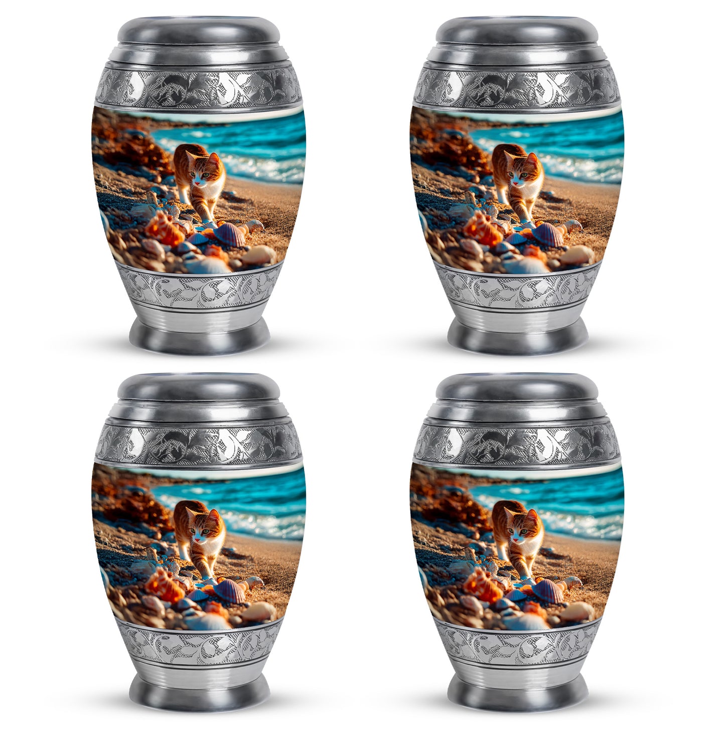 Ocean Teal Cat Cremation Urn urn with complimentary velvet bag - regal cat design with crown-inspired accents - 10 inch aluminum urn for cremated remains