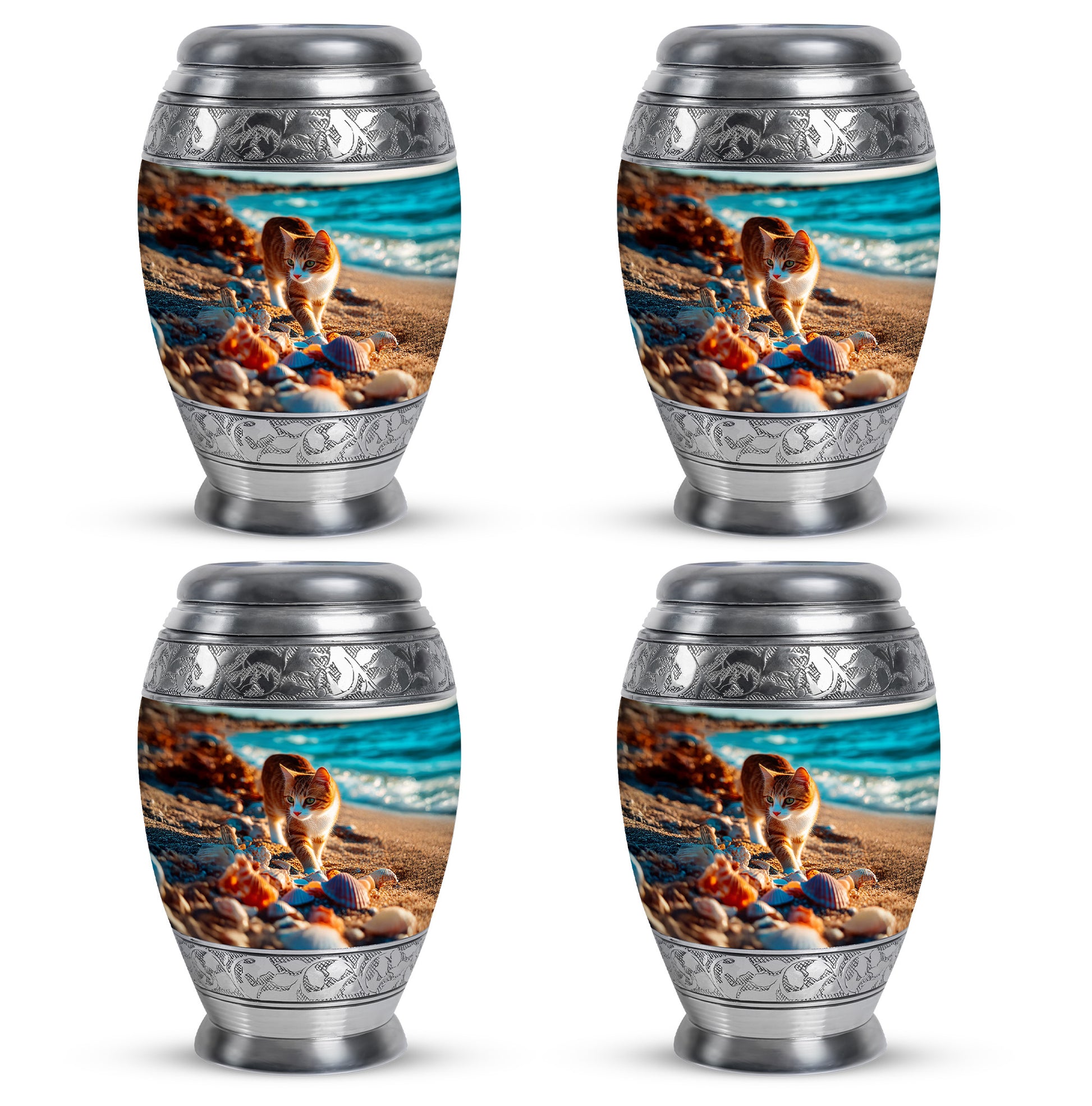 Ocean Teal Cat Cremation Urn urn with complimentary velvet bag - regal cat design with crown-inspired accents - 10 inch aluminum urn for cremated remains