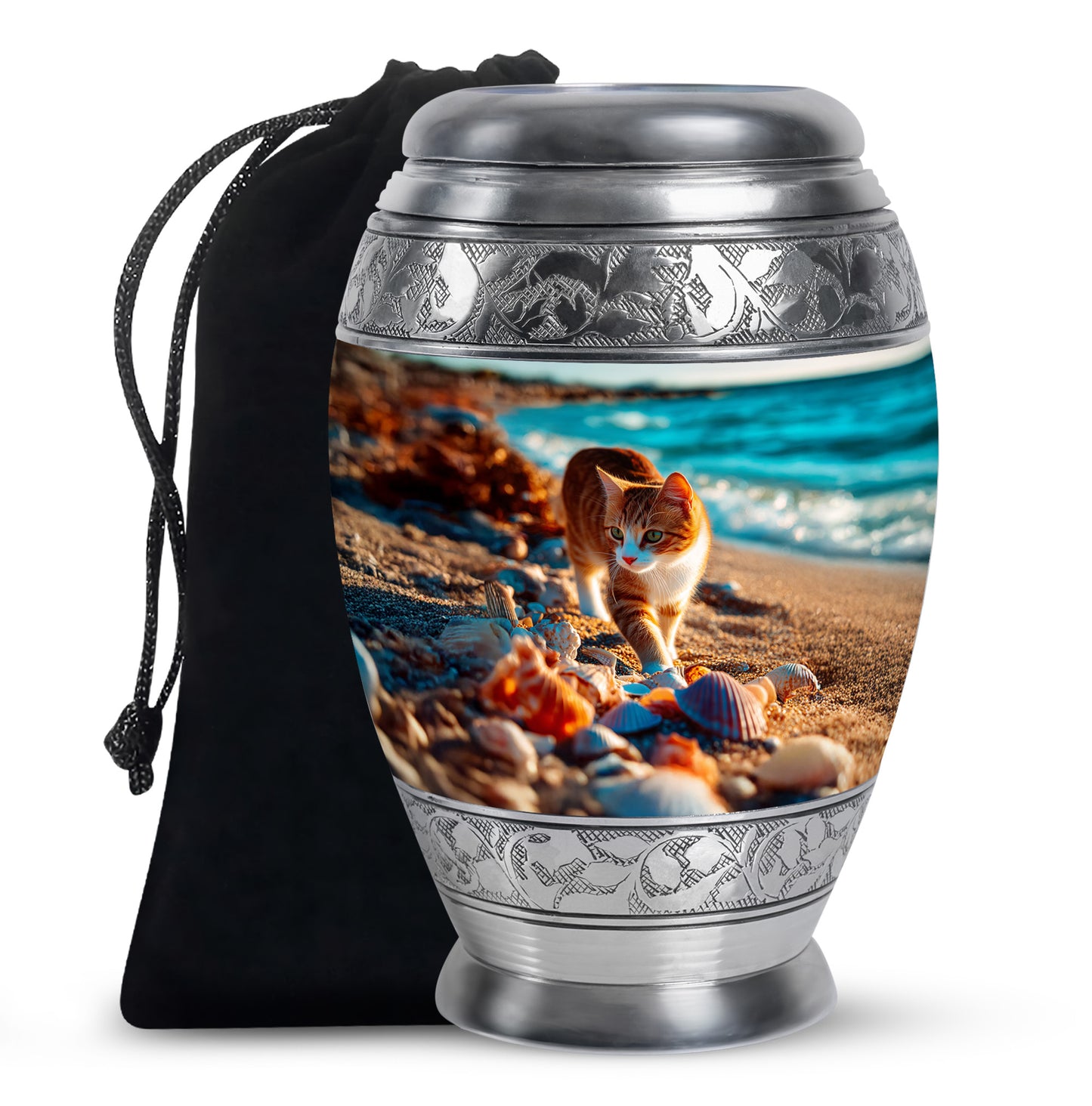 Mystic Teal Cat Cremation Urn back view with polished surface - majestic cat pattern with filigree border - full-size 10 inch 200 cubic inch adult cremation urn