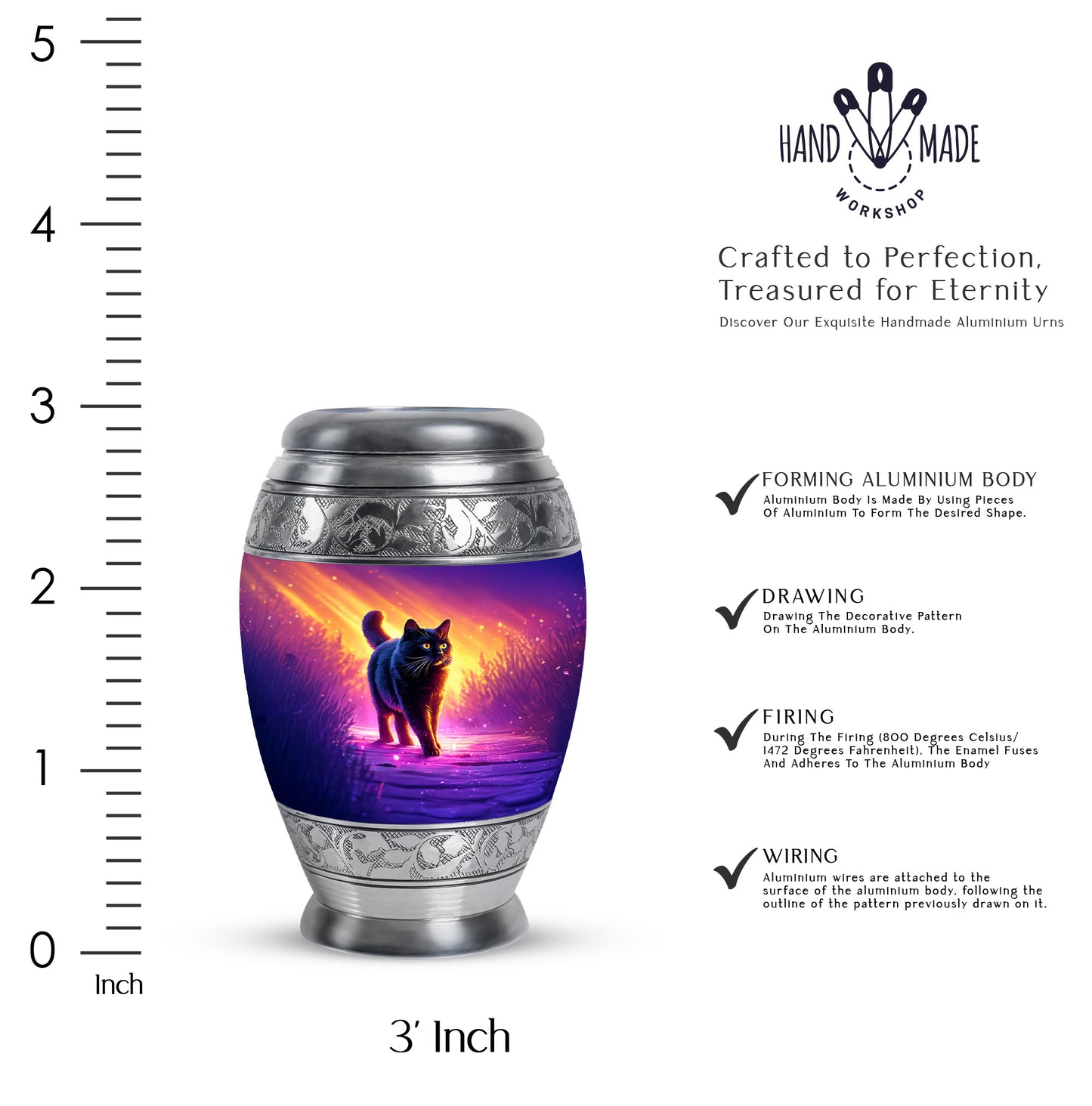Soft Pink Cat Cremation Urn lifestyle display on memorial shelf - royal cat engraving with decorative scrollwork - mini keepsake memorial for portion of cremation ashes