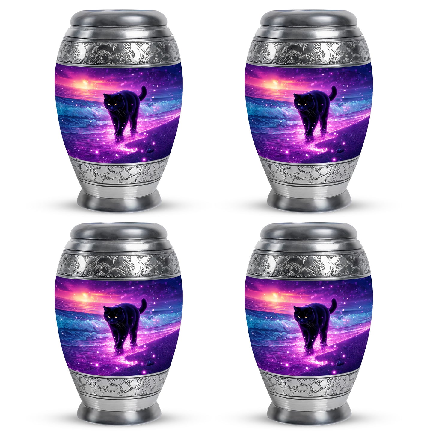 Royal Purple Cat Cremation Urn urn with complimentary velvet bag - majestic cat pattern with filigree border - 10 inch aluminum urn for cremated remains