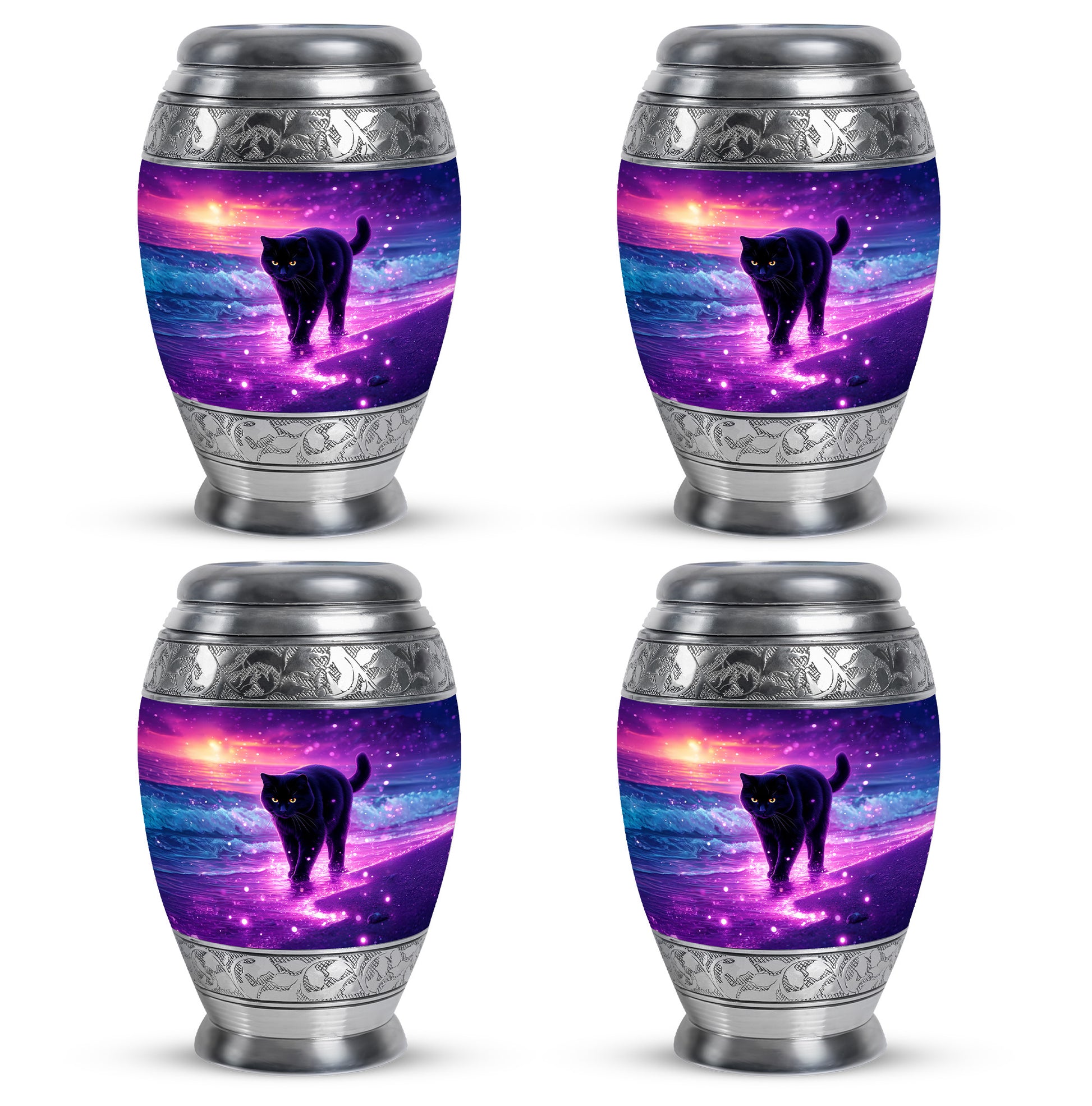 Royal Purple Cat Cremation Urn urn with complimentary velvet bag - majestic cat pattern with filigree border - 10 inch aluminum urn for cremated remains