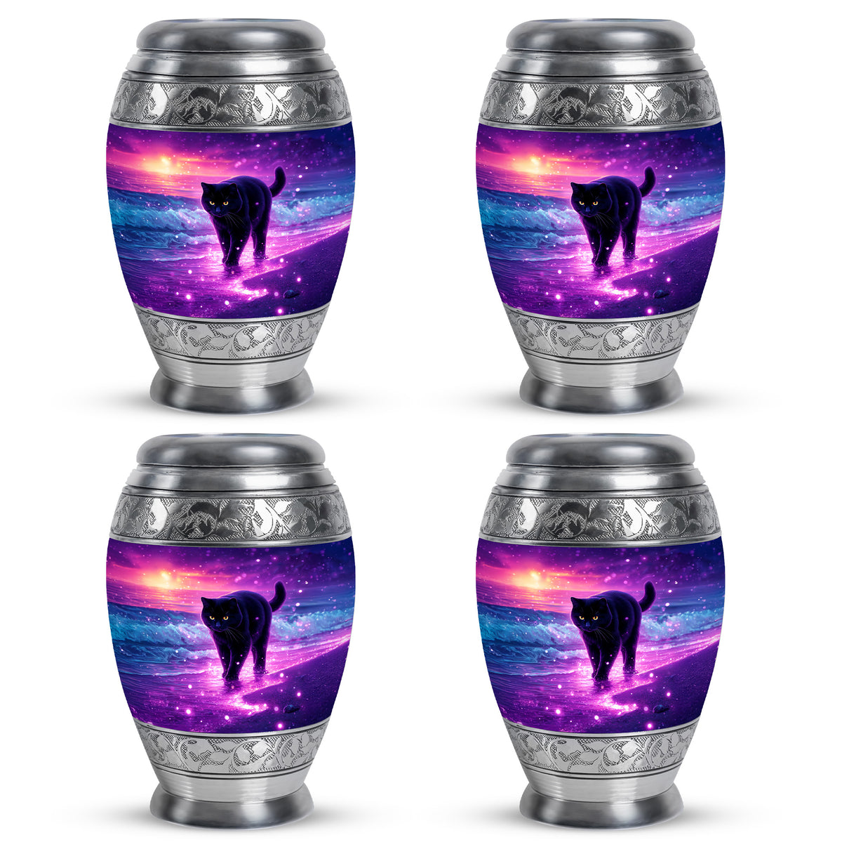 Royal Purple Cat Cremation Urn urn with complimentary velvet bag - majestic cat pattern with filigree border - 10 inch aluminum urn for cremated remains