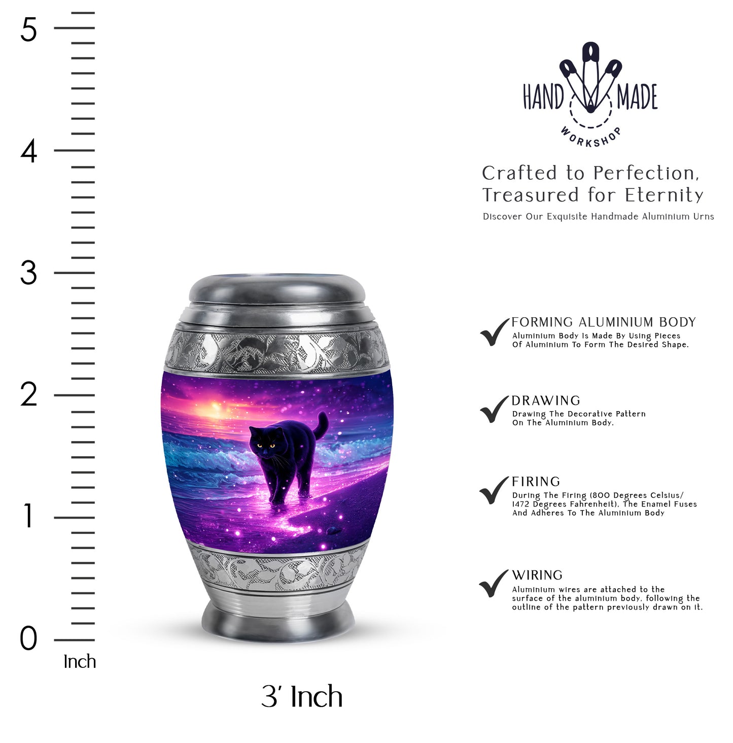 Majestic Purple Cat Cremation Urn lifestyle display on memorial shelf - ornate monarch-style cat relief on brushed aluminum - mini keepsake memorial for portion of cremation ashes