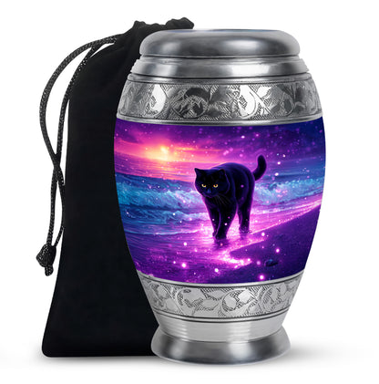 Deep Purple Cat Cremation Urn back view with polished surface - regal cat design with crown-inspired accents - full-size 10 inch 200 cubic inch adult cremation urn
