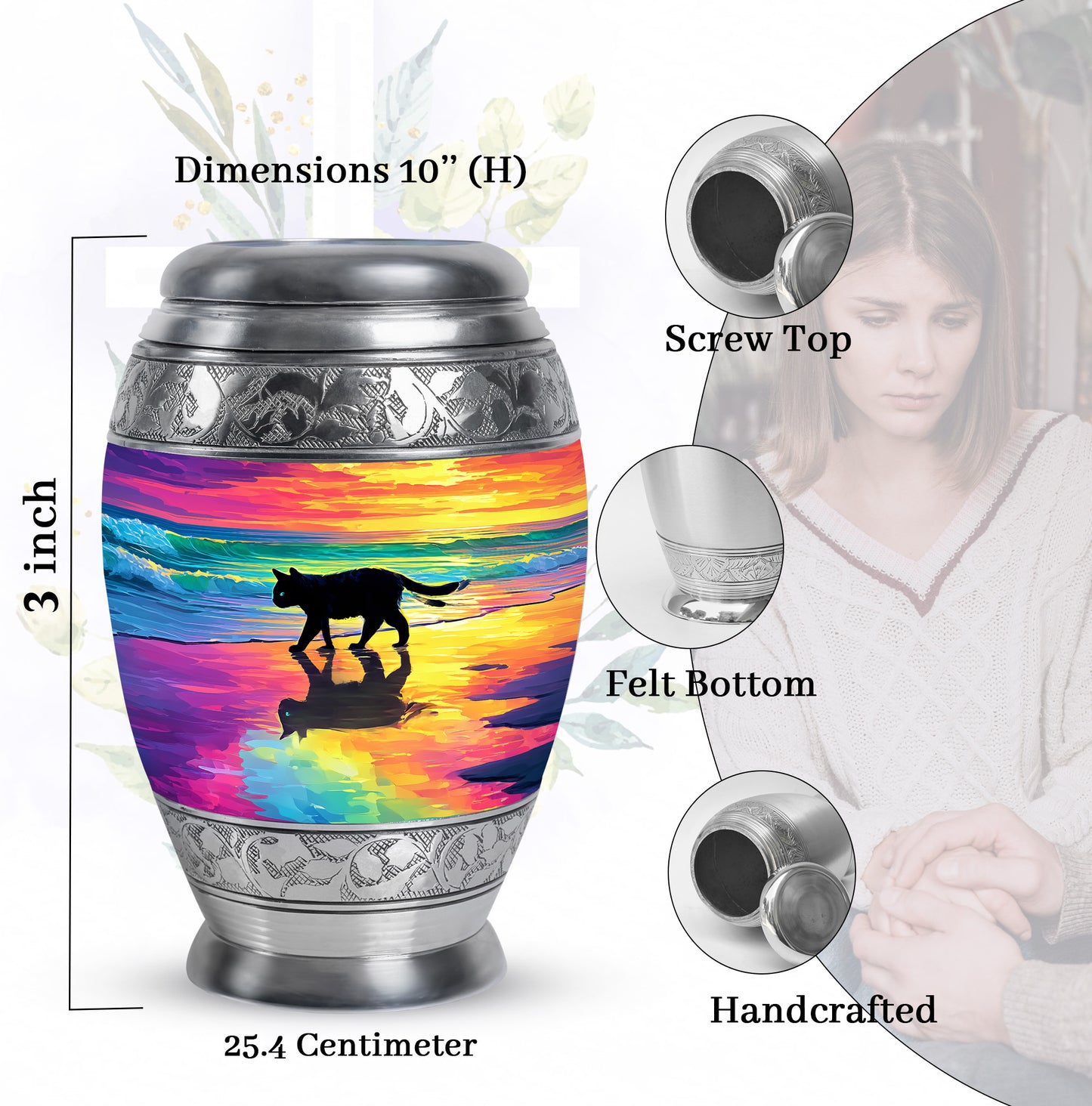 Cherry Red Cat Cremation Urn lifestyle display on memorial shelf - royal cat engraving with decorative scrollwork - mini keepsake memorial for portion of cremation ashes