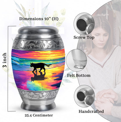 Cherry Red Cat Cremation Urn lifestyle display on memorial shelf - royal cat engraving with decorative scrollwork - mini keepsake memorial for portion of cremation ashes