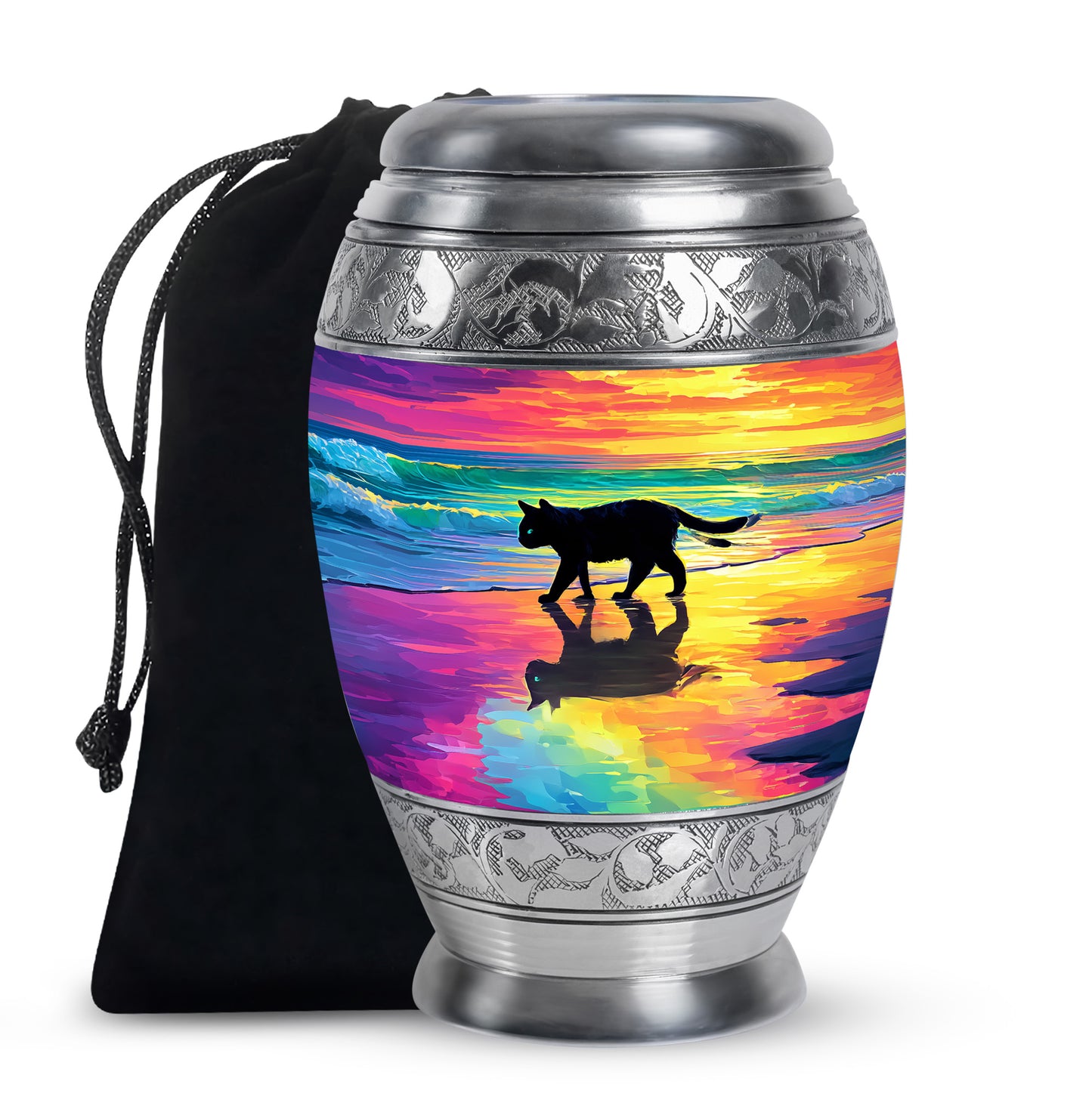 Crimson Red Cat Cremation Urn back view with polished surface - regal cat design with crown-inspired accents - full-size 10 inch 200 cubic inch adult cremation urn