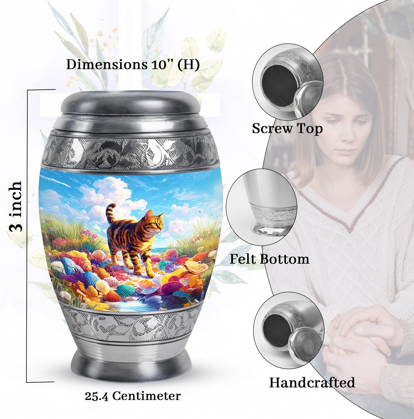 Indigo Cat Cremation Urn lifestyle display on memorial shelf - ornate monarch-style cat relief on brushed aluminum - mini keepsake memorial for portion of cremation ashes
