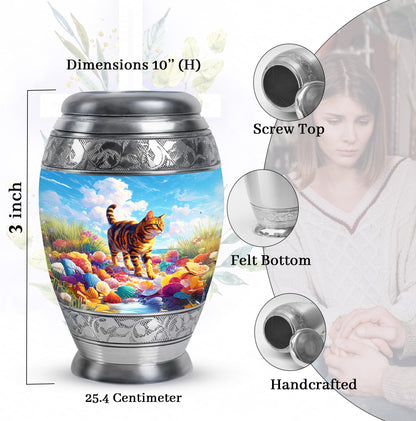Indigo Cat Cremation Urn lifestyle display on memorial shelf - ornate monarch-style cat relief on brushed aluminum - mini keepsake memorial for portion of cremation ashes