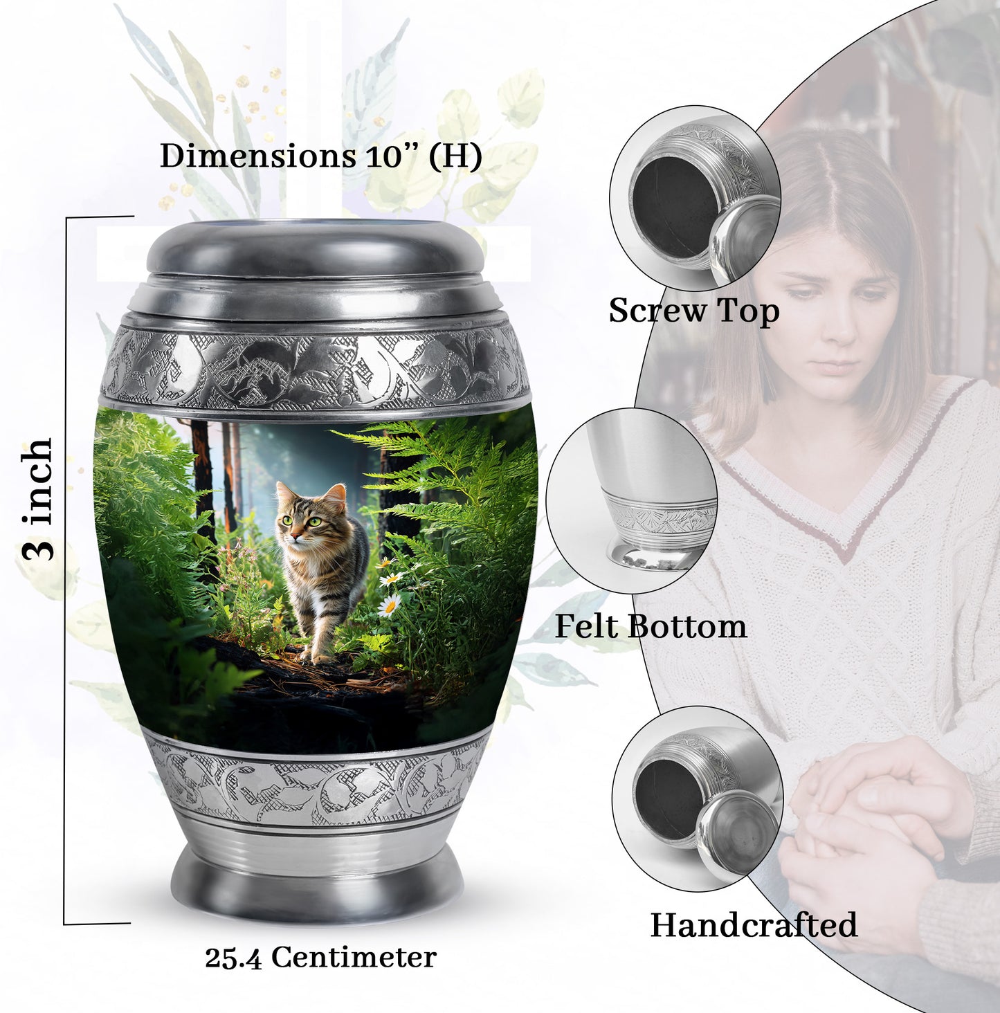 Dark Black Cat Cremation Urn lifestyle display on memorial shelf - royal cat engraving with decorative scrollwork - mini keepsake memorial for portion of cremation ashes