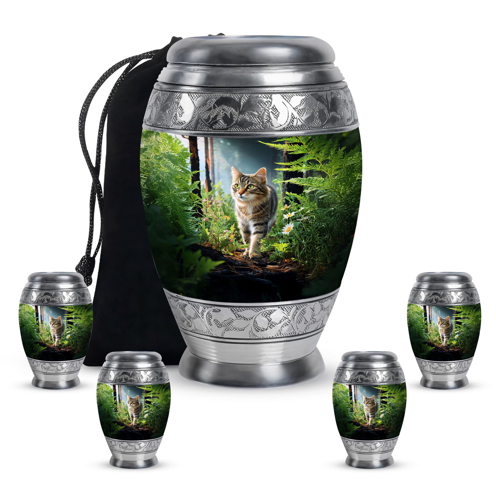 Obsidian Black Cat Cremation Urn detail view - majestic cat pattern with filigree border - memorial set with one large and four small urns