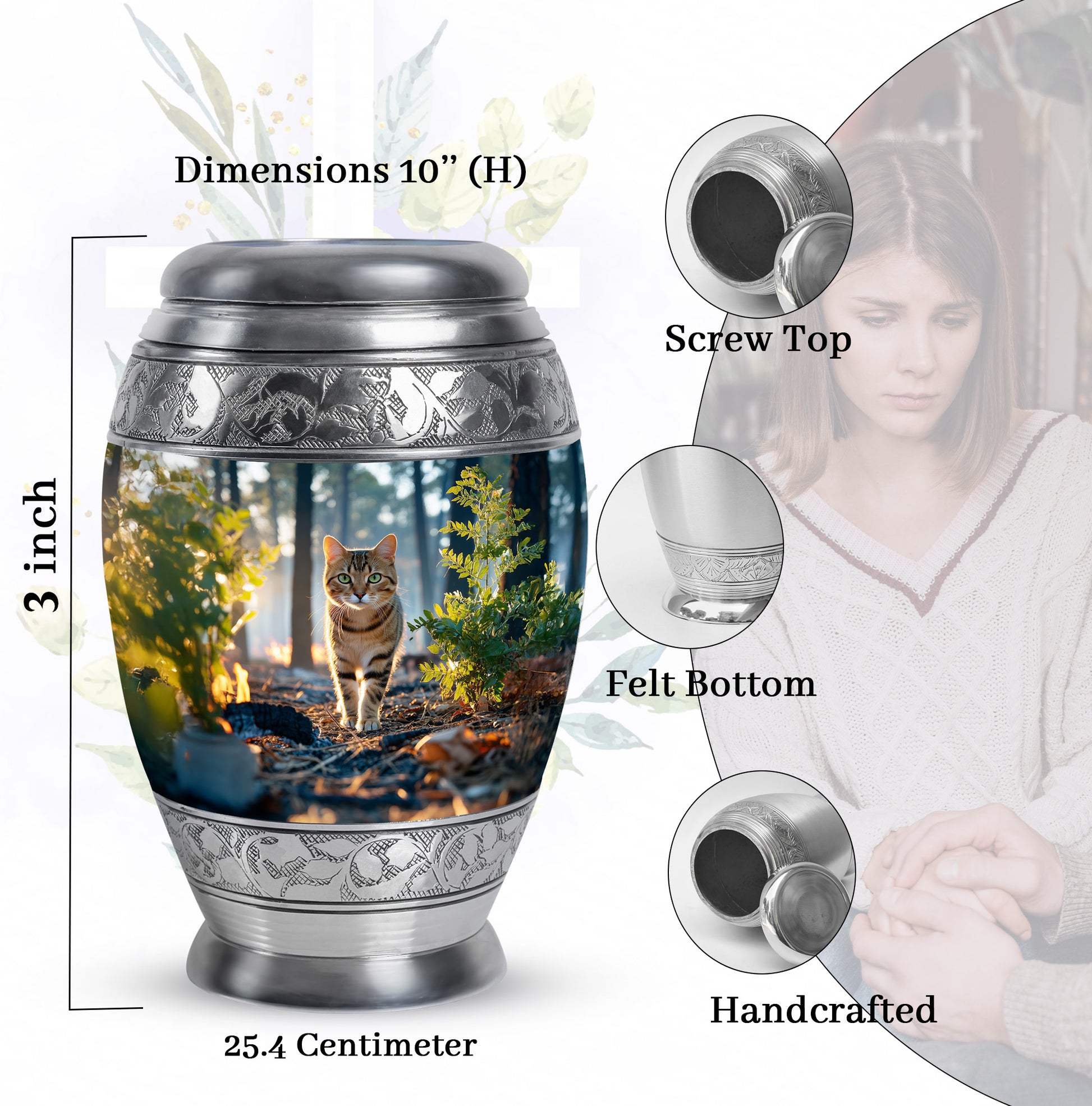 Twilight Blue Cat Cremation Urn lifestyle display on memorial shelf - royal cat engraving with decorative scrollwork - mini keepsake memorial for portion of cremation ashes