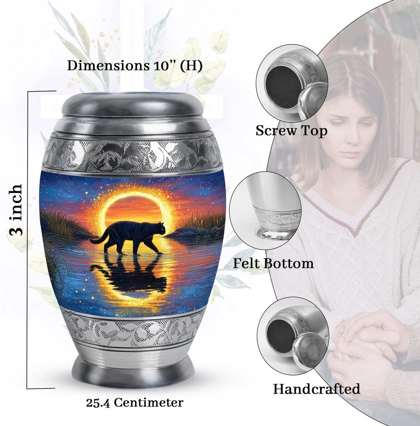 Azure Cat Cremation Urn lifestyle display on memorial shelf - regal cat design with crown-inspired accents - mini keepsake memorial for portion of cremation ashes