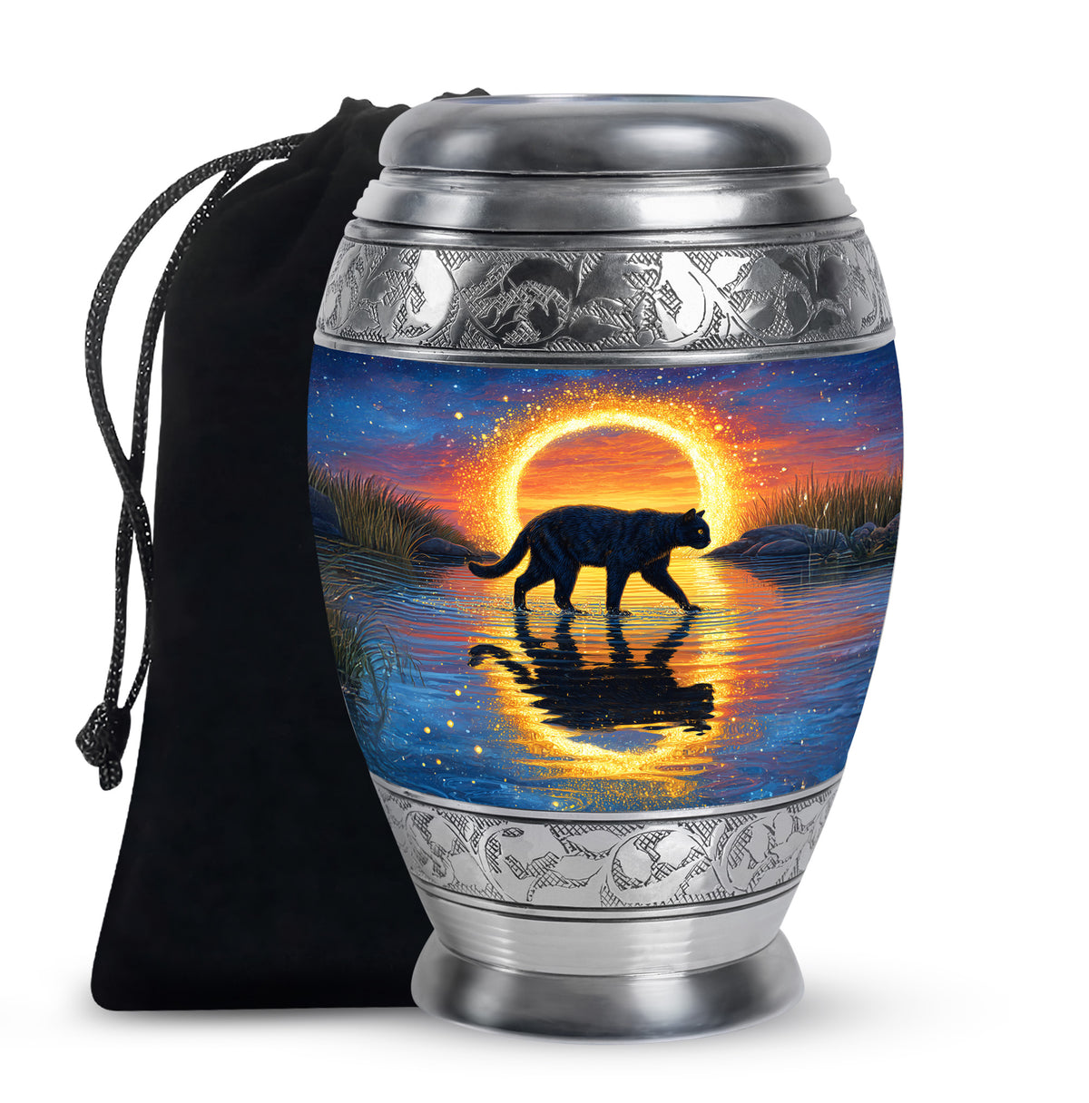 Slate Blue Cat Cremation Urn back view with polished surface - regal cat design with crown-inspired accents - full-size 10 inch 200 cubic inch adult cremation urn