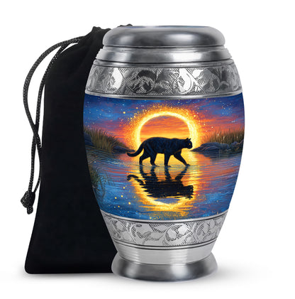 Slate Blue Cat Cremation Urn back view with polished surface - regal cat design with crown-inspired accents - full-size 10 inch 200 cubic inch adult cremation urn