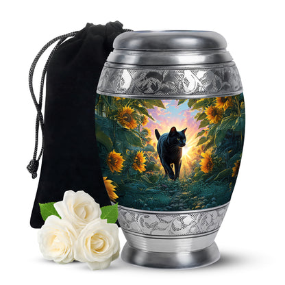 Soft Blue Cat Cremation Urn back view with polished surface - royal cat engraving with decorative scrollwork - full-size 10 inch 200 cubic inch adult cremation urn