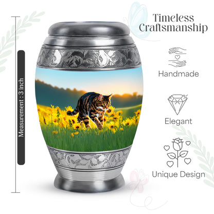 Vivid Teal Cat Cremation Urn lifestyle display on memorial shelf - royal cat engraving with decorative scrollwork - mini keepsake memorial for portion of cremation ashes