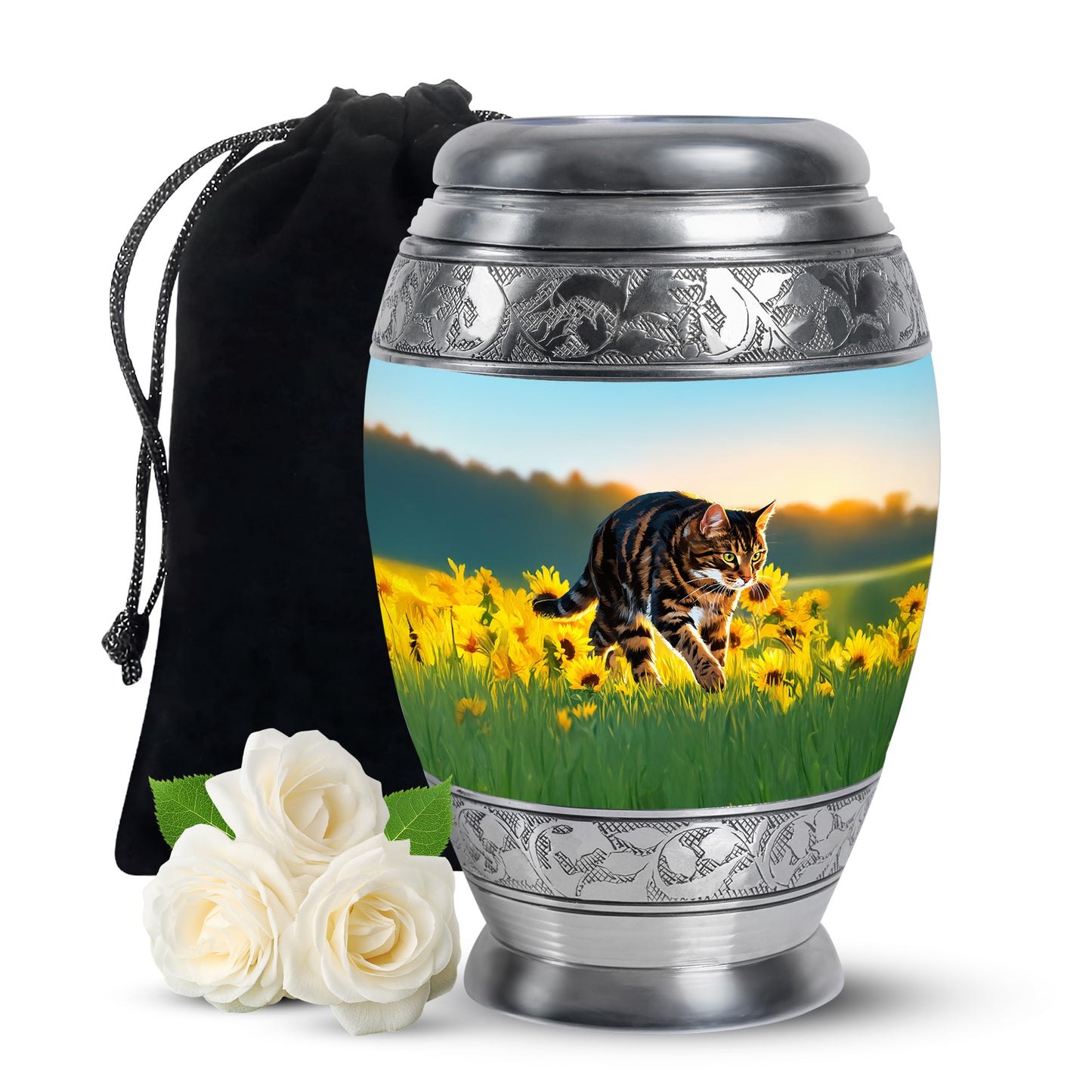 Cool Teal Cat Cremation Urn back view with polished surface - ornate monarch-style cat relief on brushed aluminum - full-size 10 inch 200 cubic inch adult cremation urn