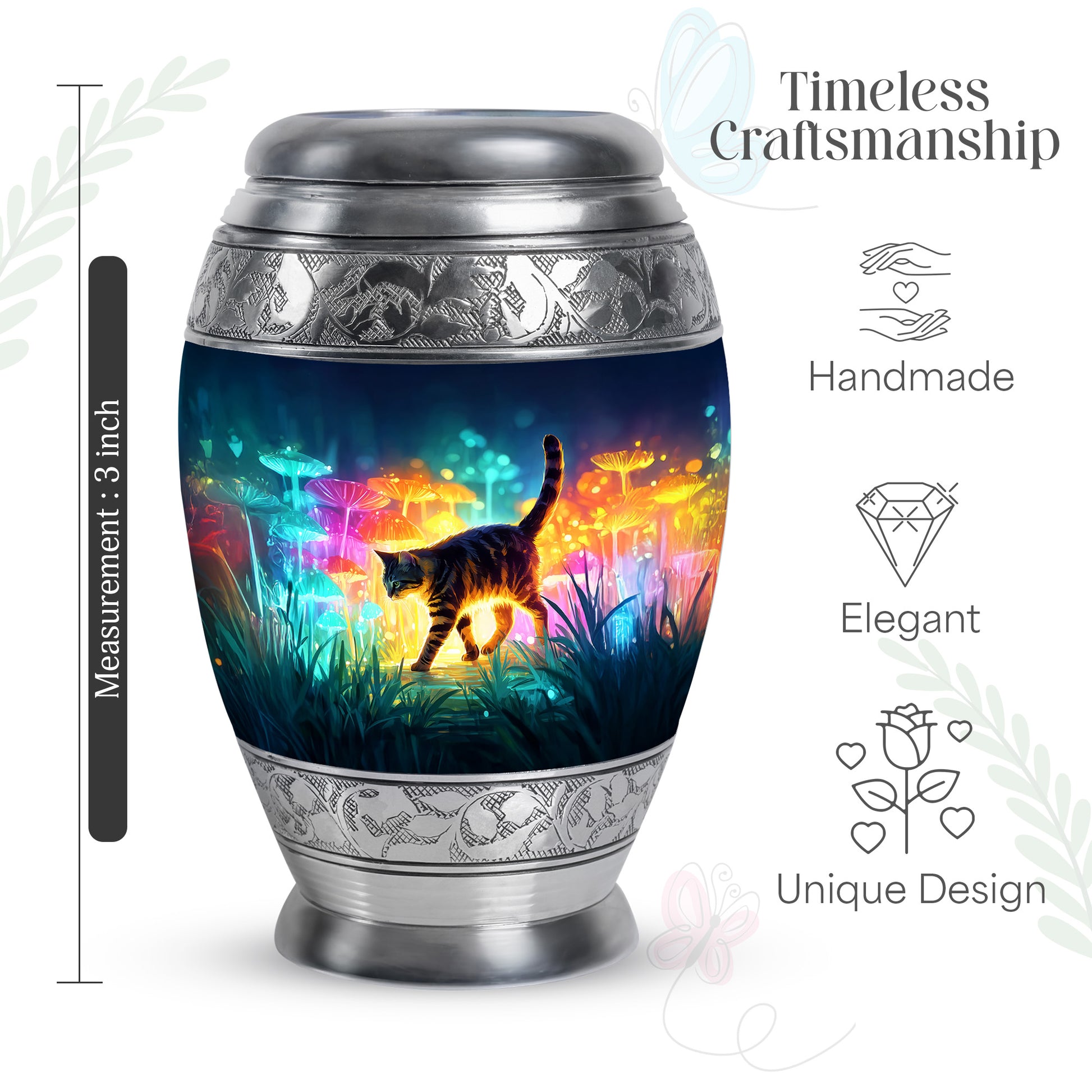 Vivid Blue Cat Cremation Urn lifestyle display on memorial shelf - majestic cat pattern with filigree border - mini keepsake memorial for portion of cremation ashes