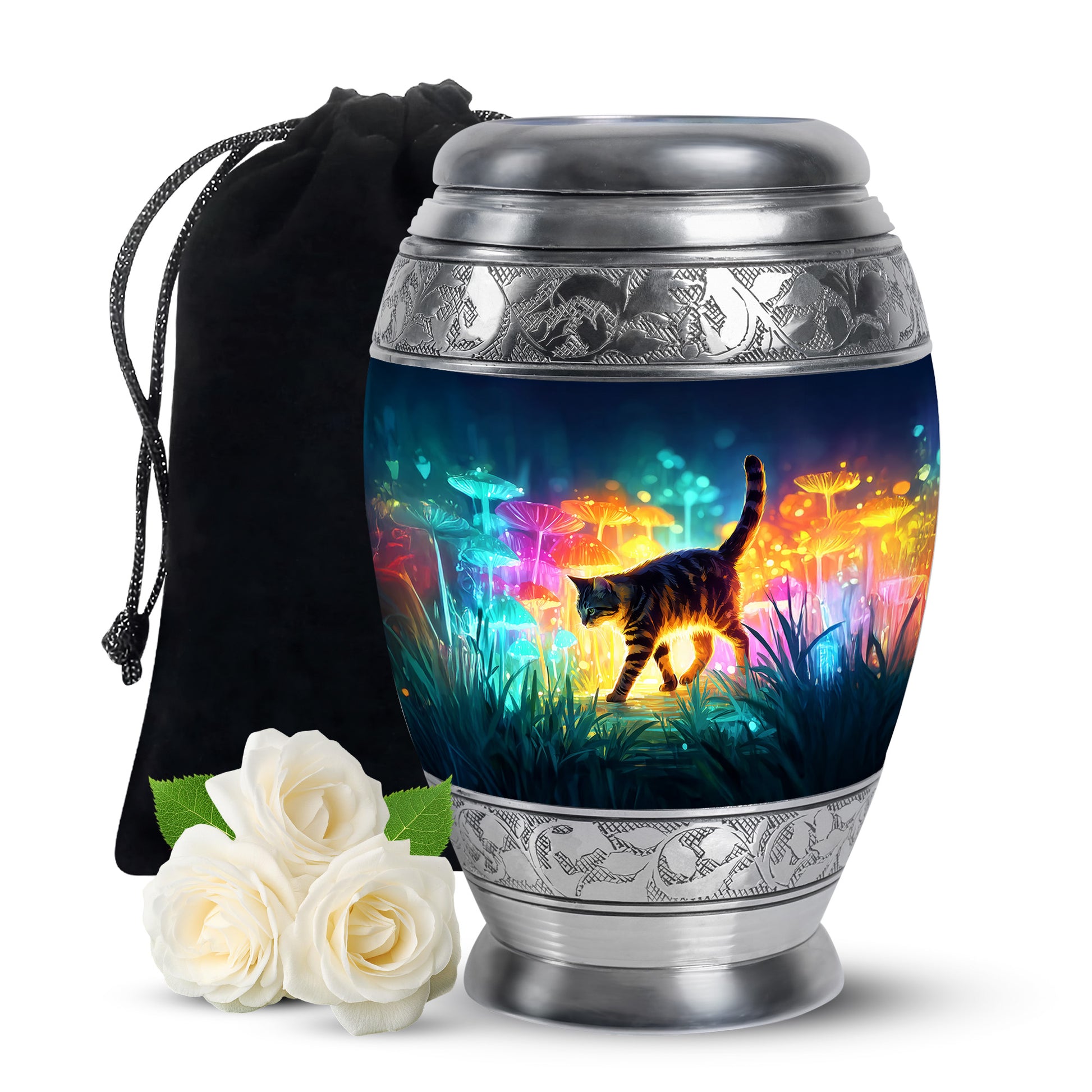 Slate Blue Cat Cremation Urn back view with polished surface - regal cat design with crown-inspired accents - full-size 10 inch 200 cubic inch adult cremation urn