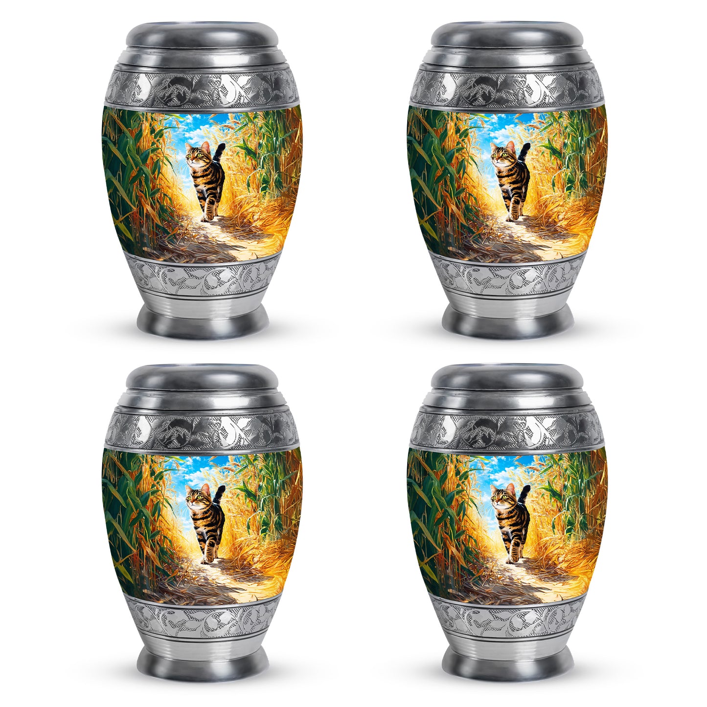 Jewel Teal Cat Cremation Urn urn with complimentary velvet bag - regal cat design with crown-inspired accents - 10 inch aluminum urn for cremated remains