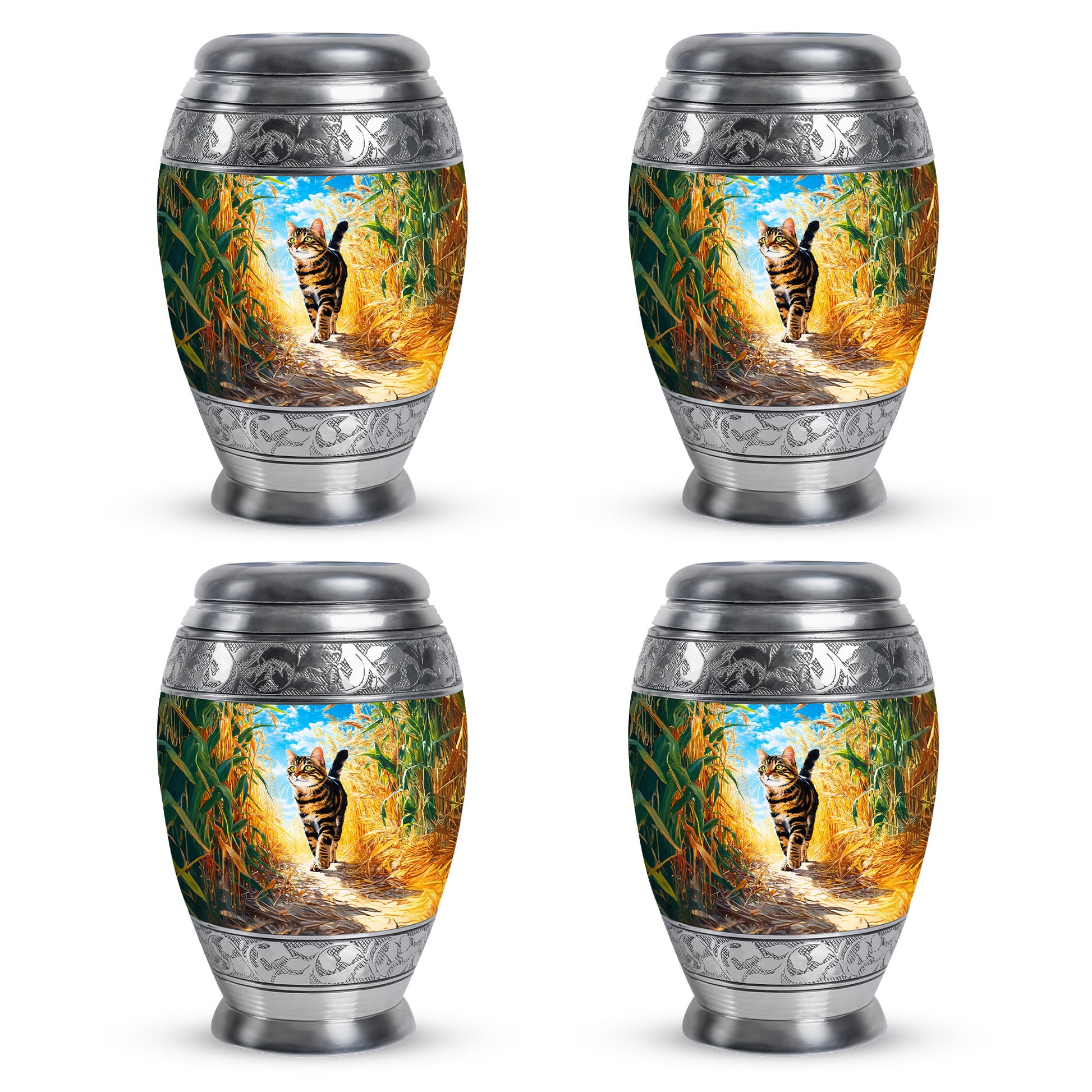 Jewel Teal Cat Cremation Urn urn with complimentary velvet bag - regal cat design with crown-inspired accents - 10 inch aluminum urn for cremated remains