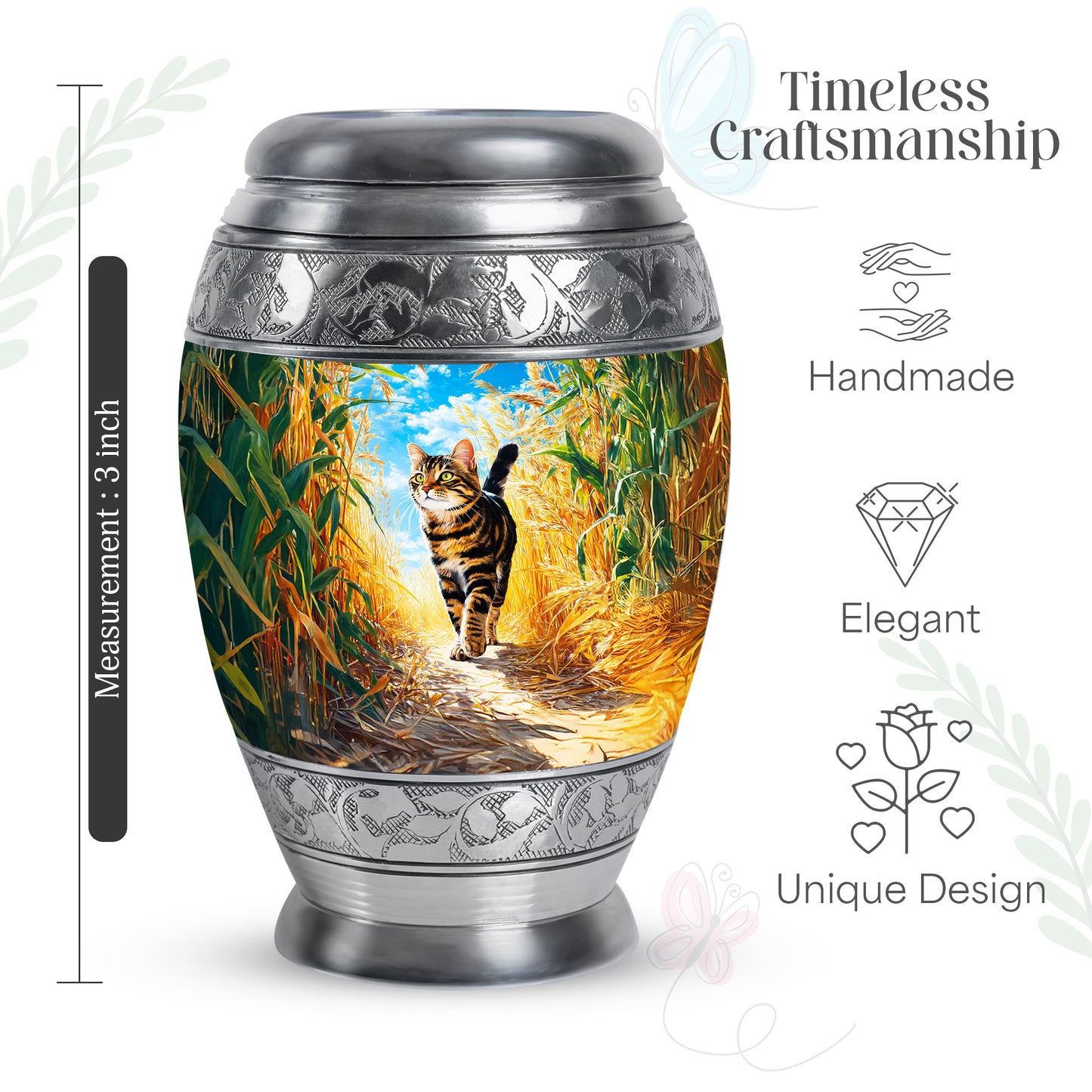 Jewel Teal Cat Cremation Urn lifestyle display on memorial shelf - ornate monarch-style cat relief on brushed aluminum - mini keepsake memorial for portion of cremation ashes