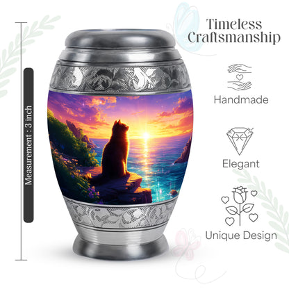 Petal Pink Cat Cremation Urn lifestyle display on memorial shelf - majestic cat pattern with filigree border - mini keepsake memorial for portion of cremation ashes