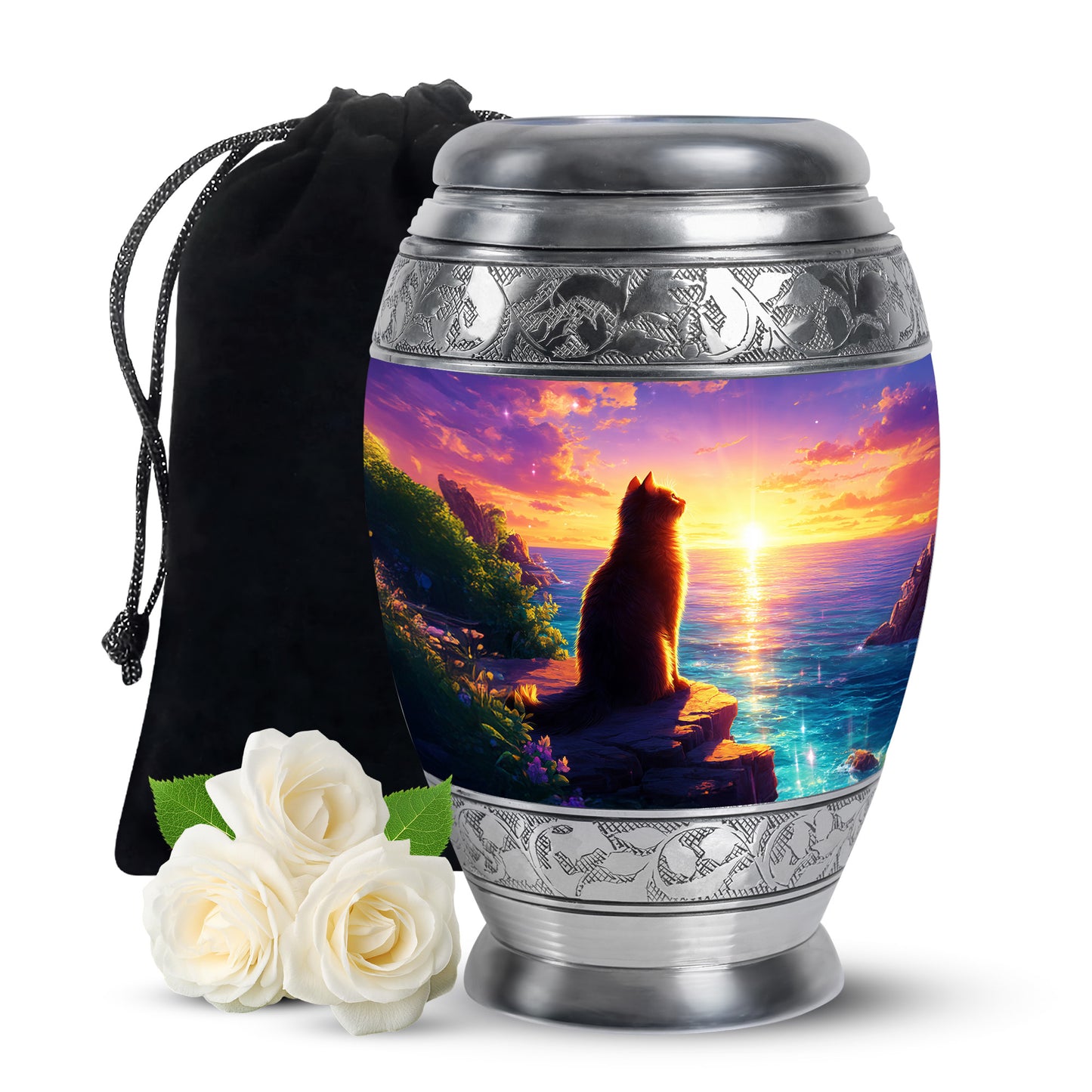 Blush Pink Cat Cremation Urn back view with polished surface - ornate monarch-style cat relief on brushed aluminum - full-size 10 inch 200 cubic inch adult cremation urn