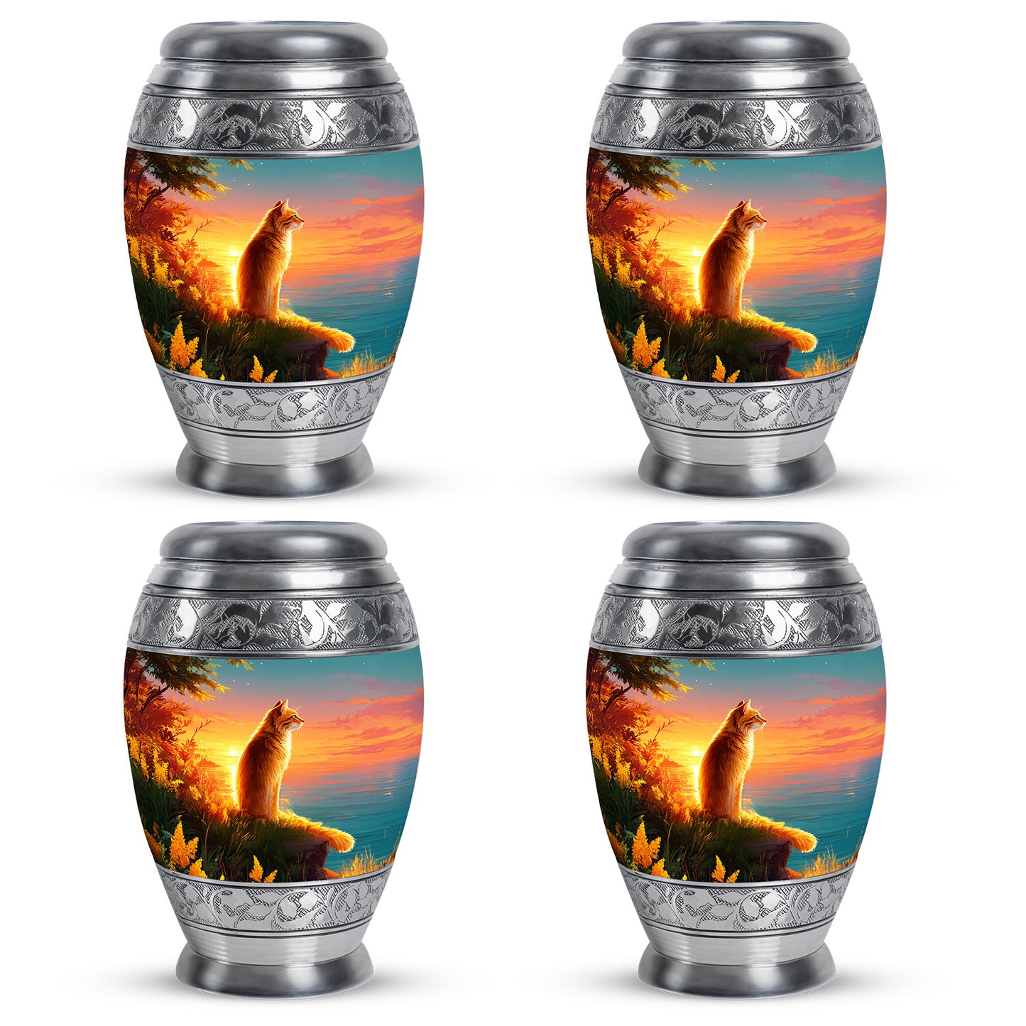 Cool Teal Cat Cremation Urn urn with complimentary velvet bag - regal cat design with crown-inspired accents - 10 inch aluminum urn for cremated remains