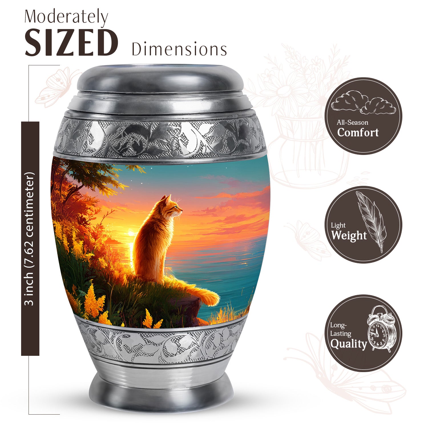 Jewel Teal Cat Cremation Urn lifestyle display on memorial shelf - ornate monarch-style cat relief on brushed aluminum - mini keepsake memorial for portion of cremation ashes