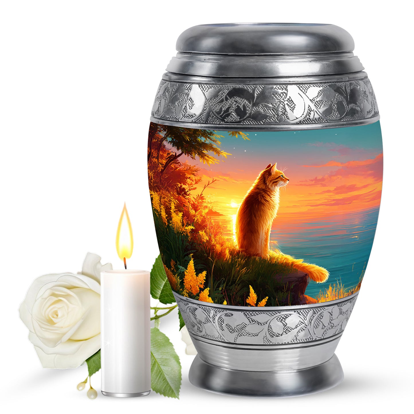 Vivid Teal Cat Cremation Urn back view with polished surface - royal cat engraving with decorative scrollwork - full-size 10 inch 200 cubic inch adult cremation urn